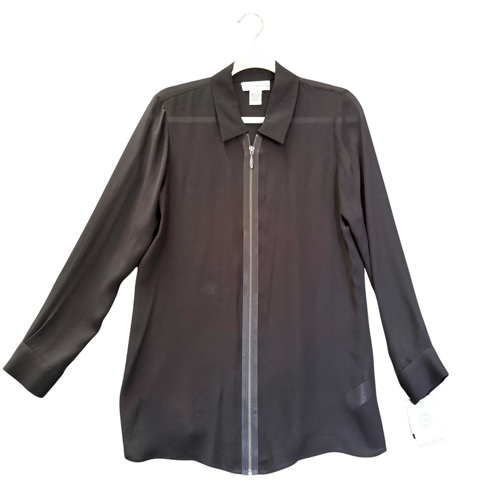 Doncaster 100% Silk Womens Sheer Black Zip Blouse NWT Size‎ Medium Long Shirt
